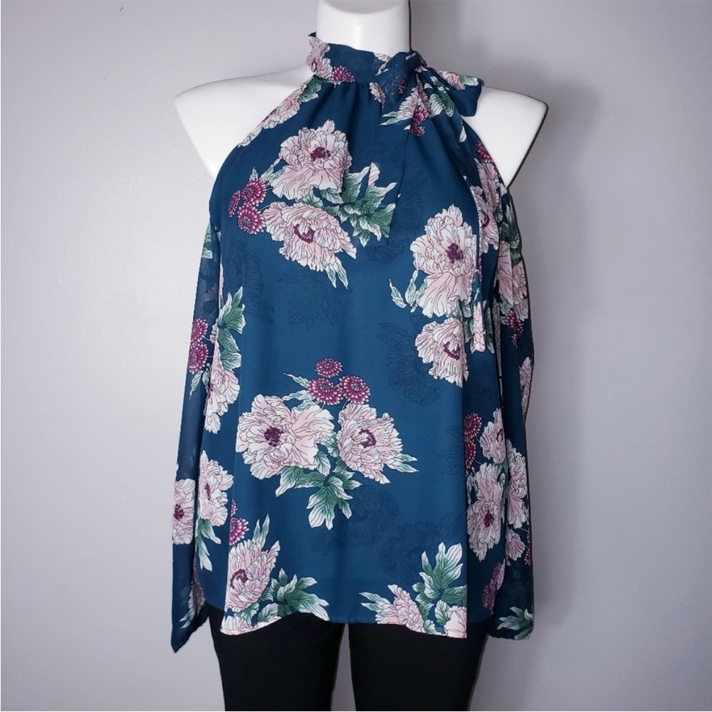 NWT! NSR Teal Floral Cold Shoulder Tie Neck Long Sleeve Top Size Medium